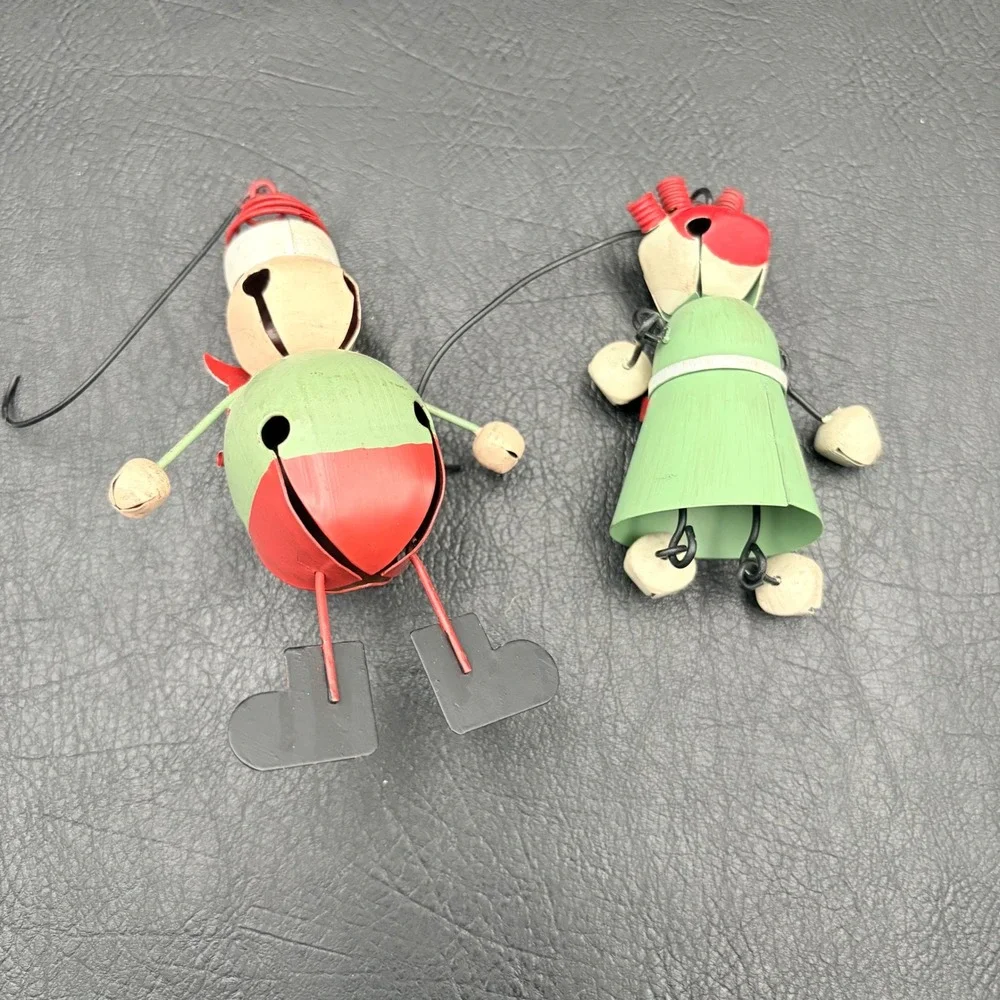 Vintage Style Metal Jingle Bell Santa and Mrs Claus Christmas Ornaments Set of 2